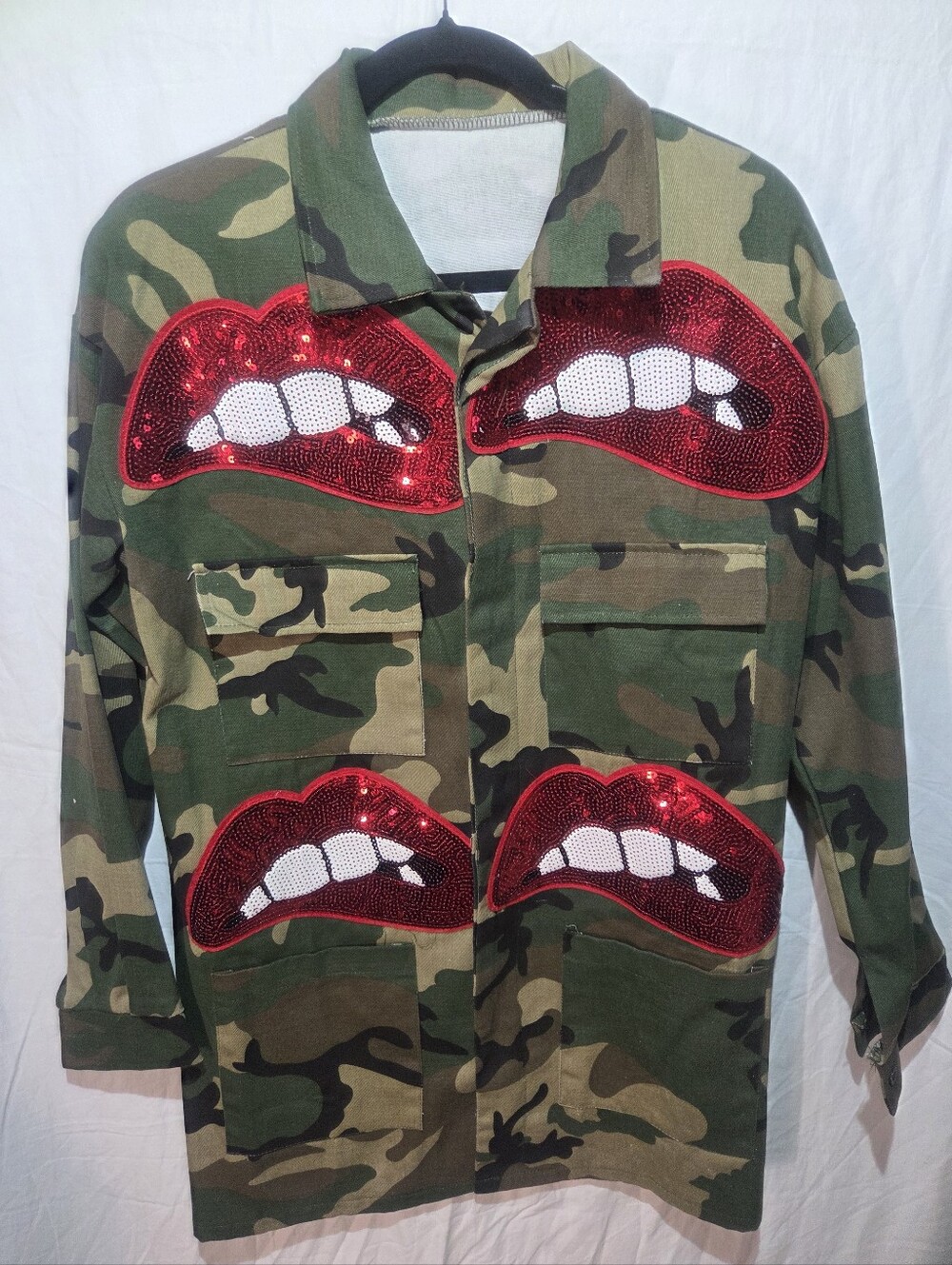 Camo Jacket with Red Sequin Lips - Picture 2 of 10